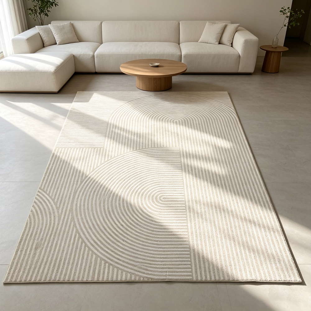 Moderner Teppich Beige abstraktes Liniendesign bedruckte Flanelloberfläche