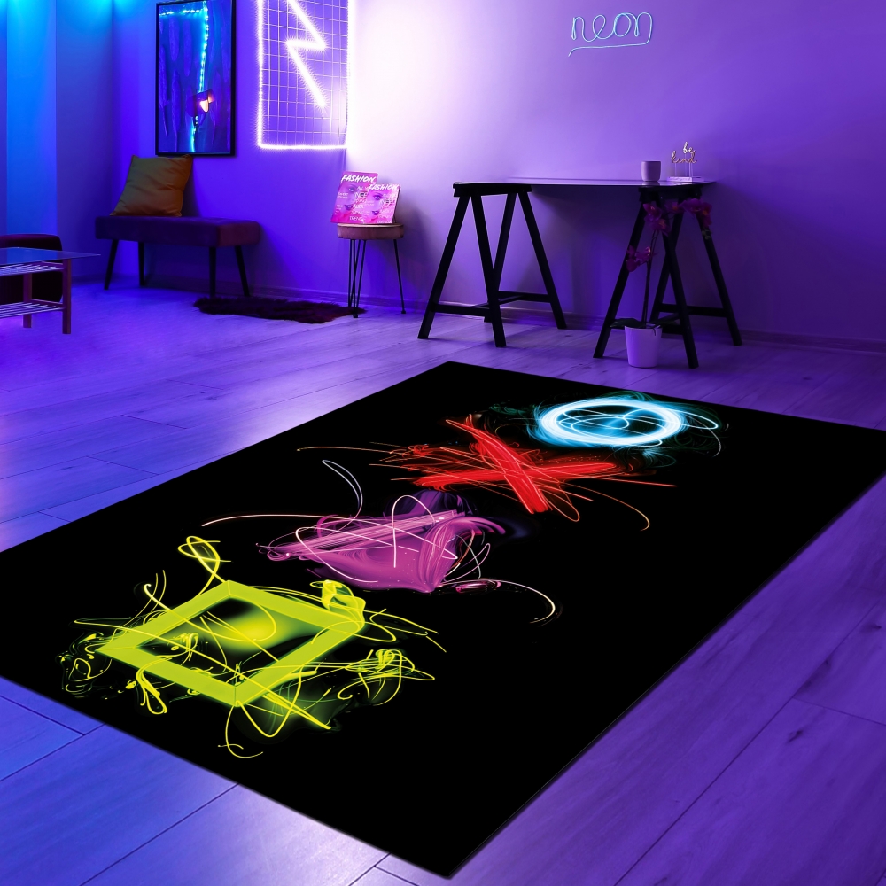 Gaming Teppich mit neonfarbigen Symbolen auf schwarzem Hintergrund