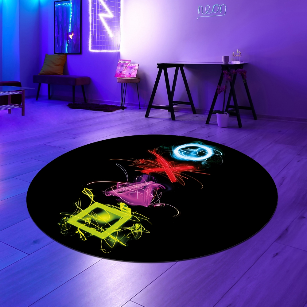 Gaming Teppich mit neonfarbigen Symbolen auf schwarzem Hintergrund