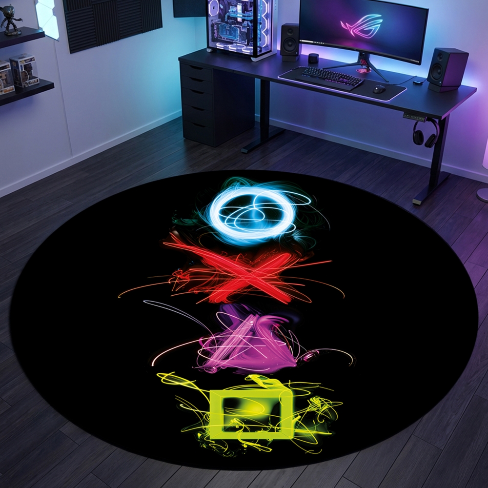 Gaming Teppich mit neonfarbigen Symbolen auf schwarzem Hintergrund
