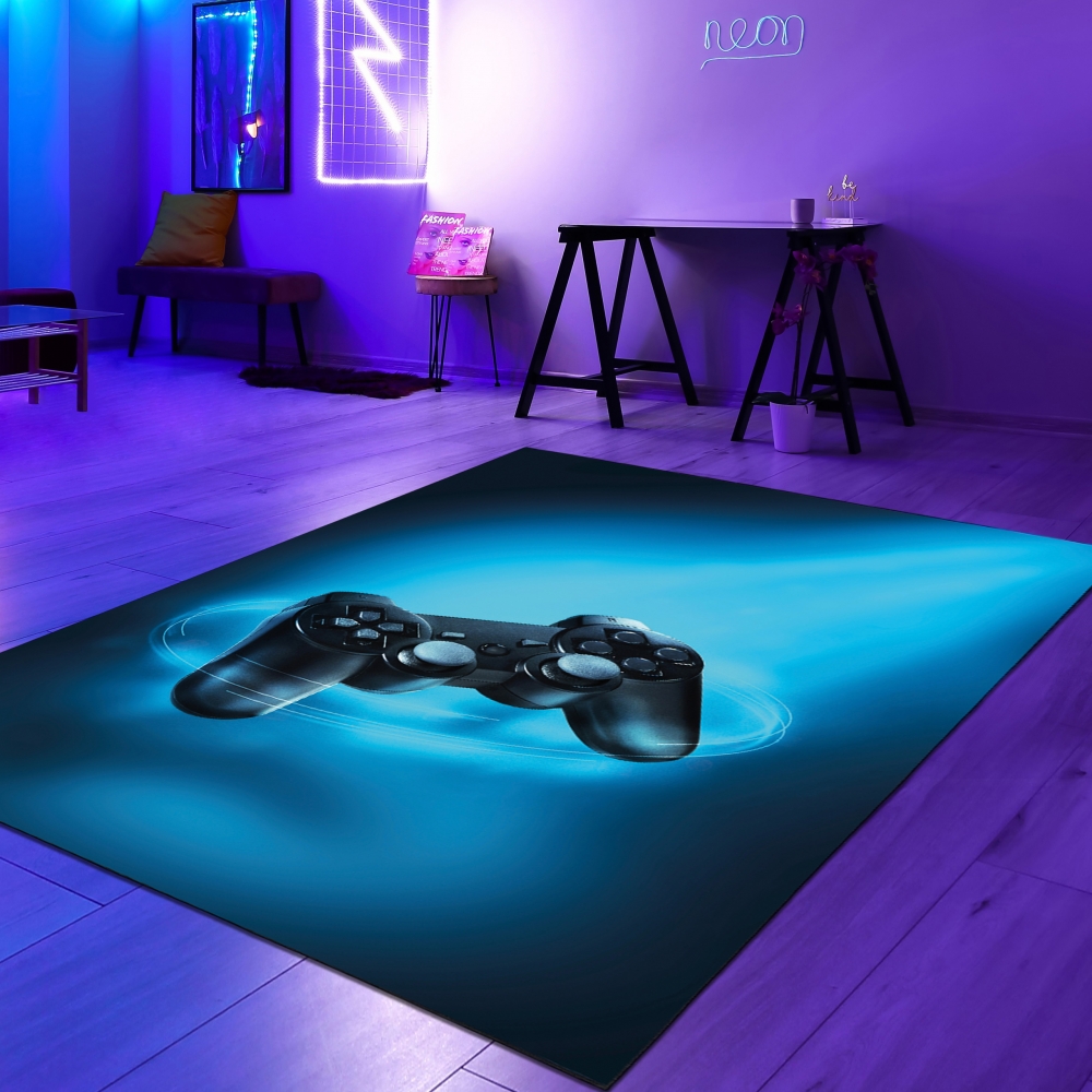Gaming Teppich mit Joystick und blauem Neon-Strahl