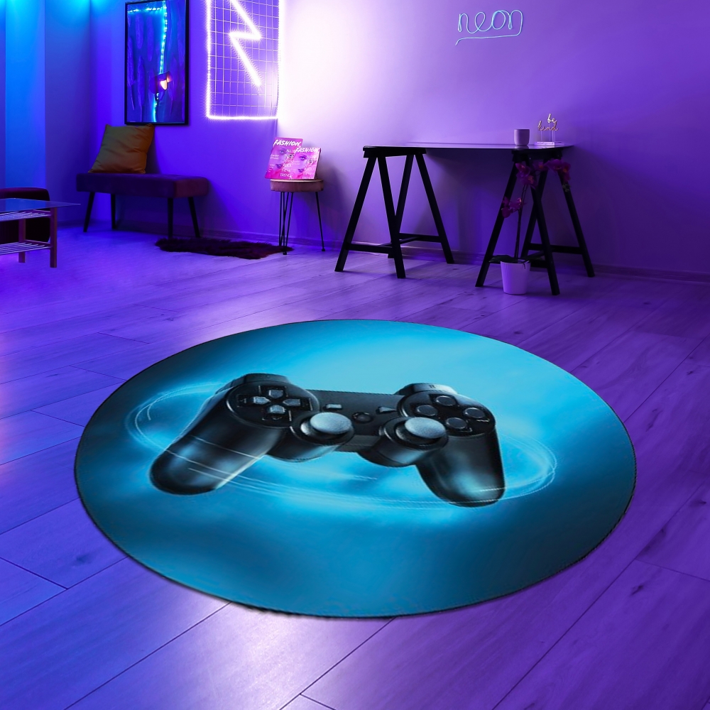 Gaming Teppich mit Joystick und blauem Neon-Strahl