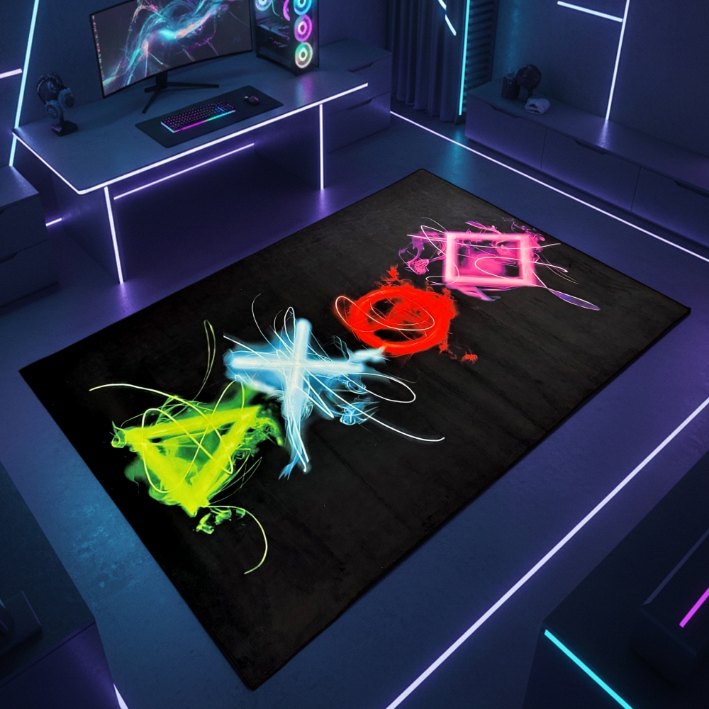 Gaming Teppich mit neonfarbigen Symbolen auf schwarzem Hintergrund