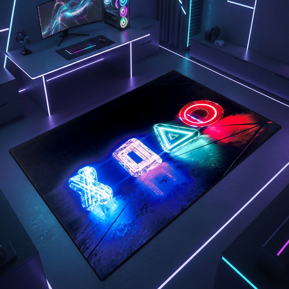 Gamingteppich rutschfest mit Neonfarbenen Symbolen als Muster