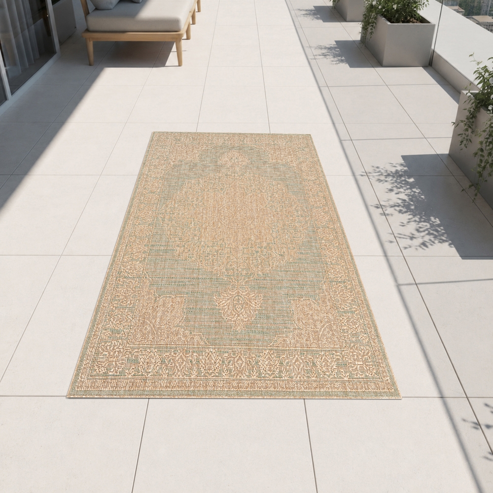 Teppich Grün Braun Ornamentmuster für Innen und Außen