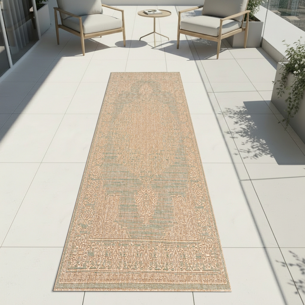 Teppich Grün Braun Ornamentmuster für Innen und Außen