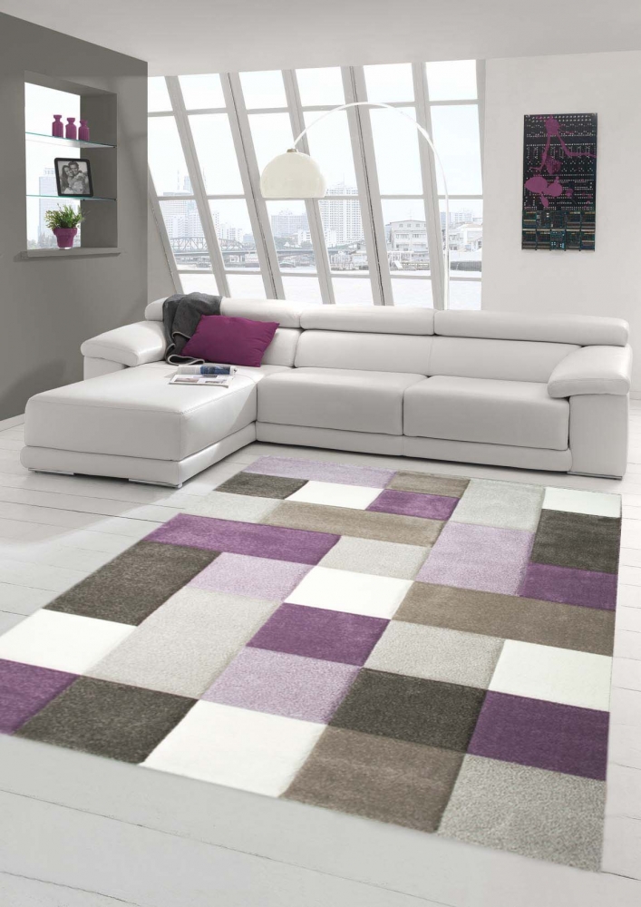 Designer und  Moderner Teppich Pastell Farben in Karo Muster Lila Creme Beige