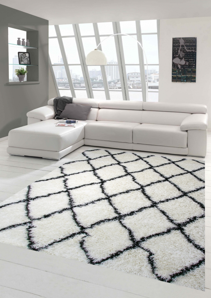 Shaggy Wohnzimmerteppich Hochflor Langflor Rautenmuster in Creme Schwarz