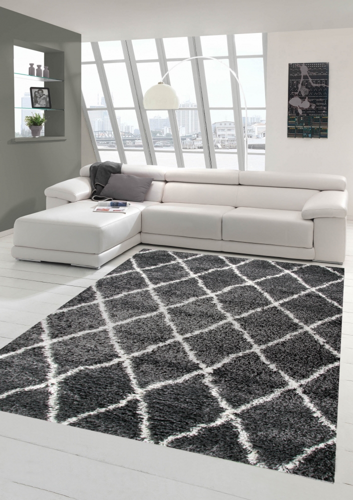 Shaggy Wohnzimmerteppich Hochflor Langflor Rautenmuster in Grau Creme