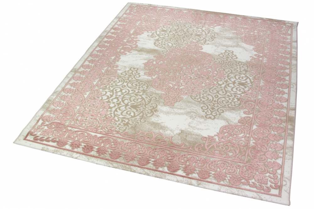 Wohnzimmerteppich mit Ornamenten Teppich Vintage in Rosa Beige Creme