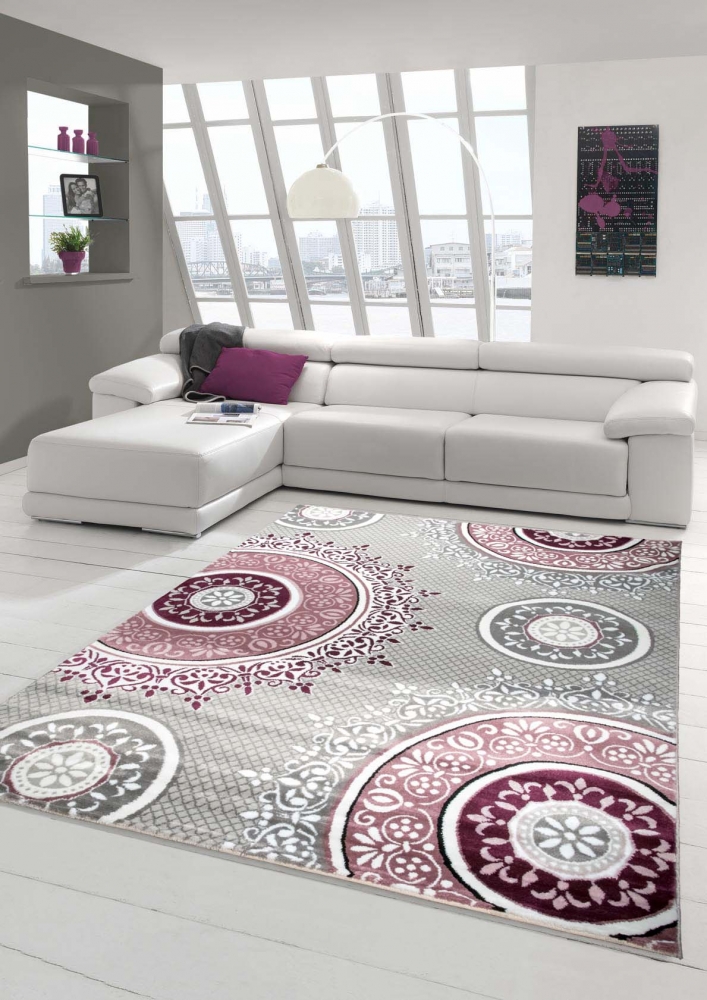 Designer Teppich Moderner Teppich Wohnzimmer Teppich Klassisch gemustert Kreis Ornamente in Pink Lila Grau Creme