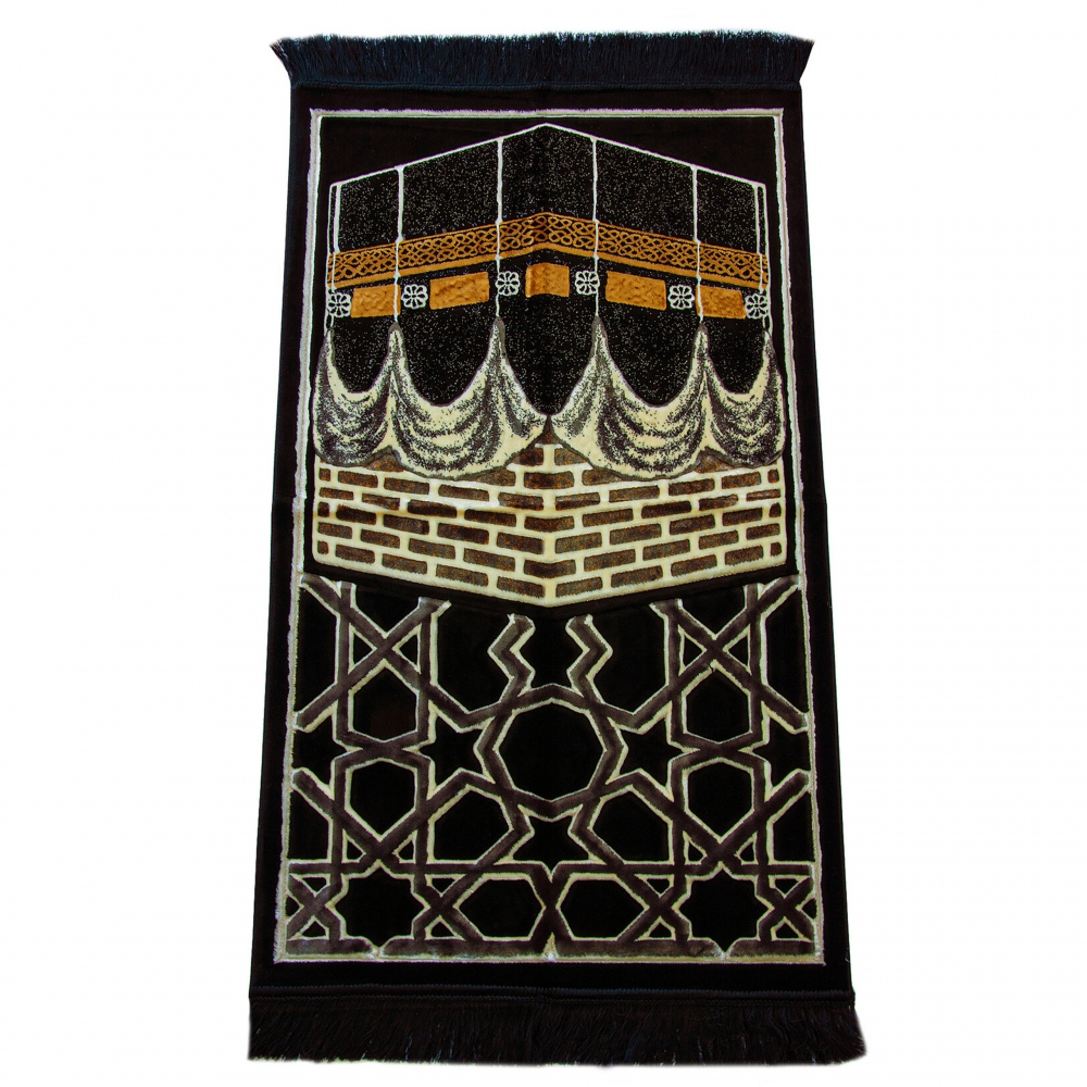 Gebetsteppich Schwarz Gold Beige mit Ornamentmotiv und Fransen