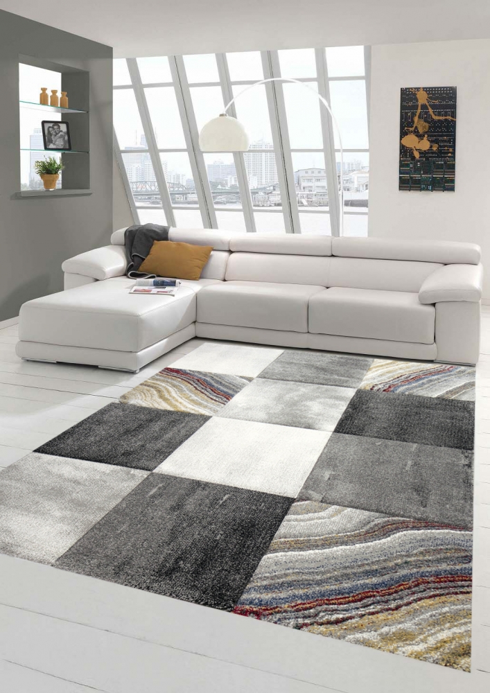 Teppich modern Teppich Wohnzimmer Karo Design in grau gold rot