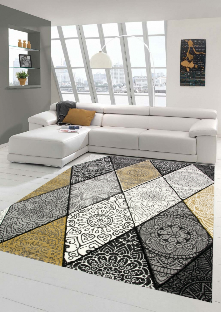 Teppich modern Teppich Wohnzimmer Rauten mit Ornamenten in grau senfgelb creme