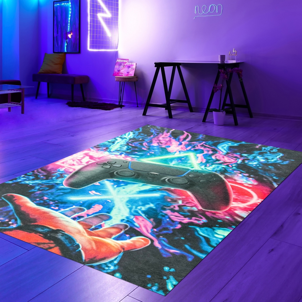 Gaming-Teppich mit lebendigen neon-farbigen Symbolen und schwebendem Controller