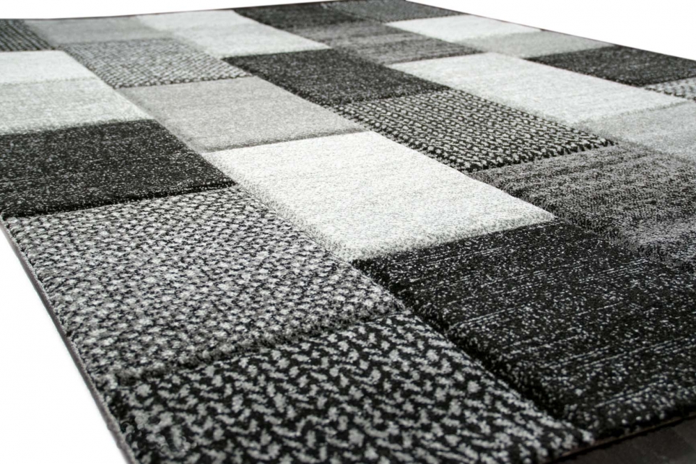 Designer Teppich Moderner Teppich Wohnzimmer Teppich Kurzflor Teppich mit Konturenschnitt Karo Muster Grau Weiß Schwarz