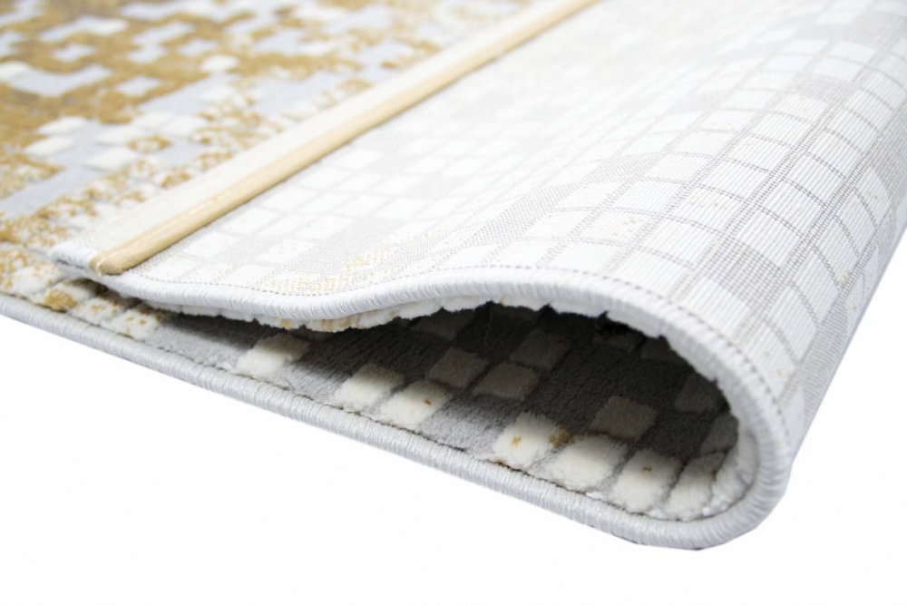 Designer Teppich - Läufer - Moderner Teppich Kurzflor Teppich mit Konturenschnitt Kariert in Grau Senfgelb Creme