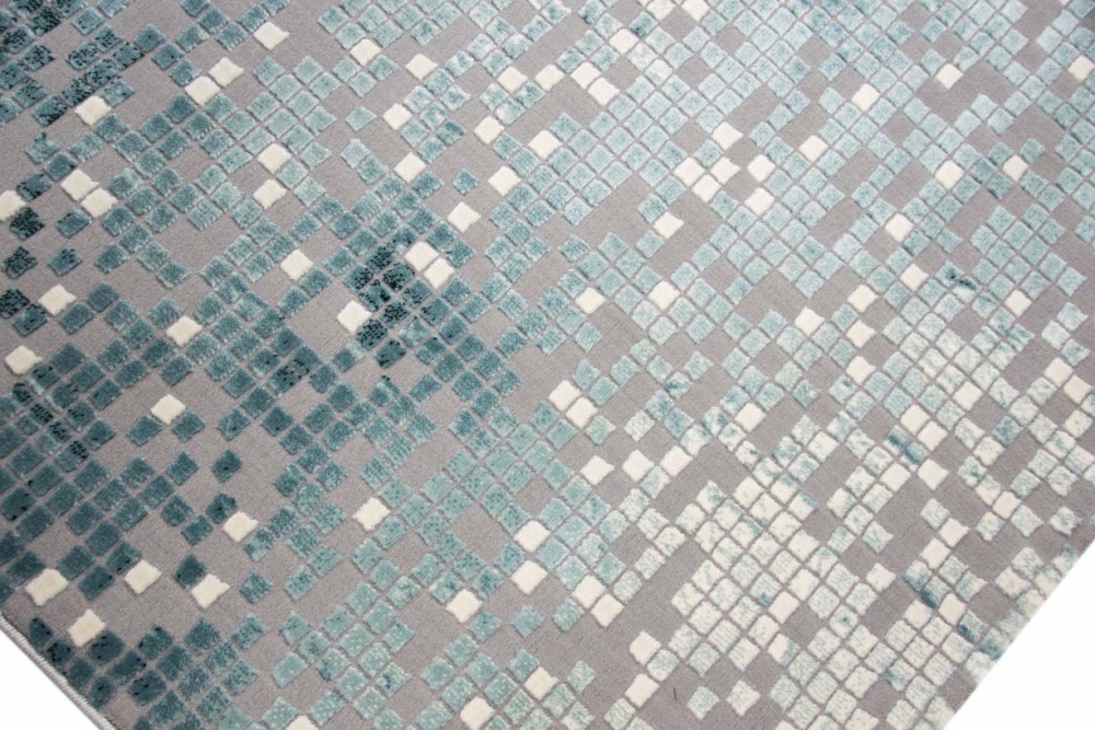Designer Teppich Moderner Teppich Wohnzimmer Teppich Kurzflor Teppich mit Konturenschnitt Kariert in Grau Türkis Creme