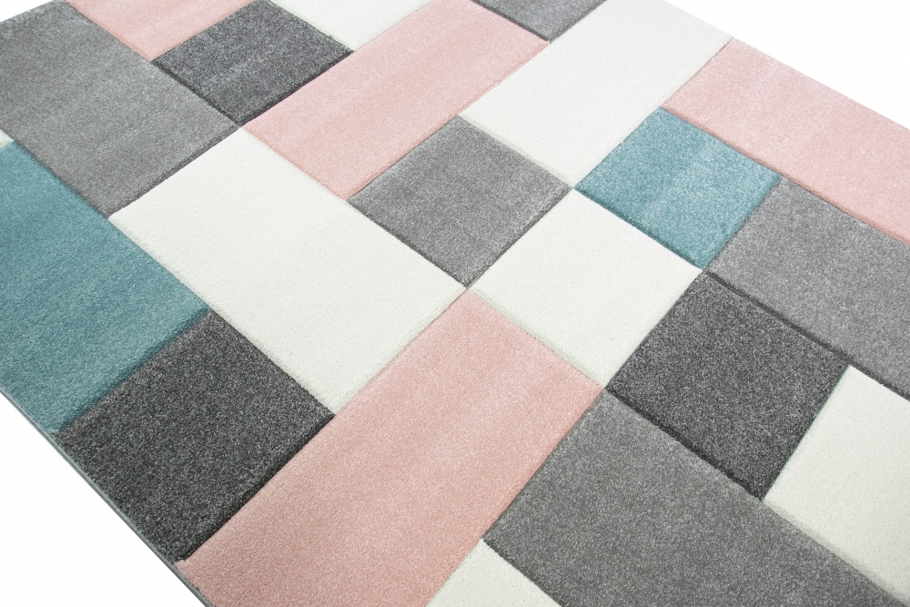 Wohnzimmer Teppich Design mit Karo Muster in Rosa Grau Türkis