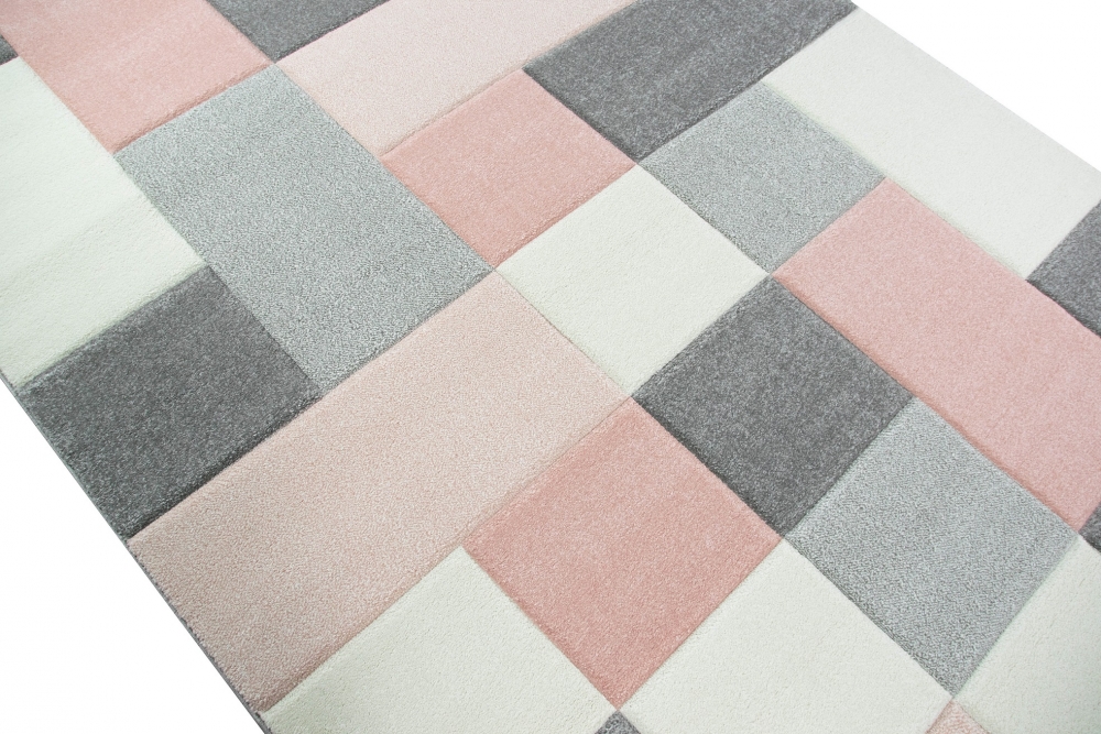 Designer und  Moderner Teppich mit Karo Muster in Rosa Grau Creme