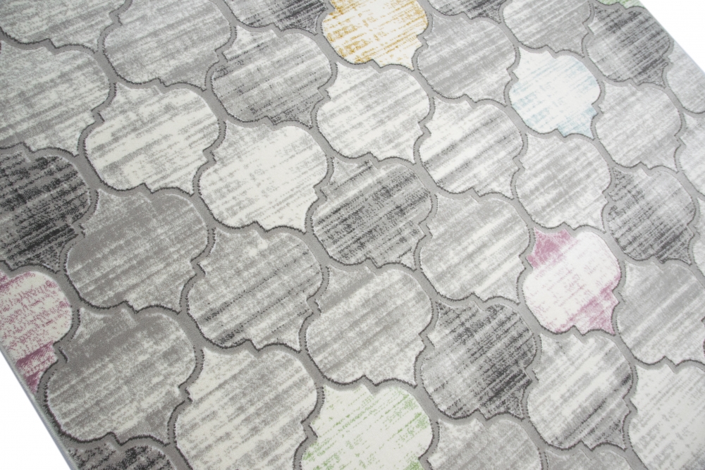 Designer und Moderner Teppich Kurzflor Marokkanisches Muster in Grau Lila Senfgelb