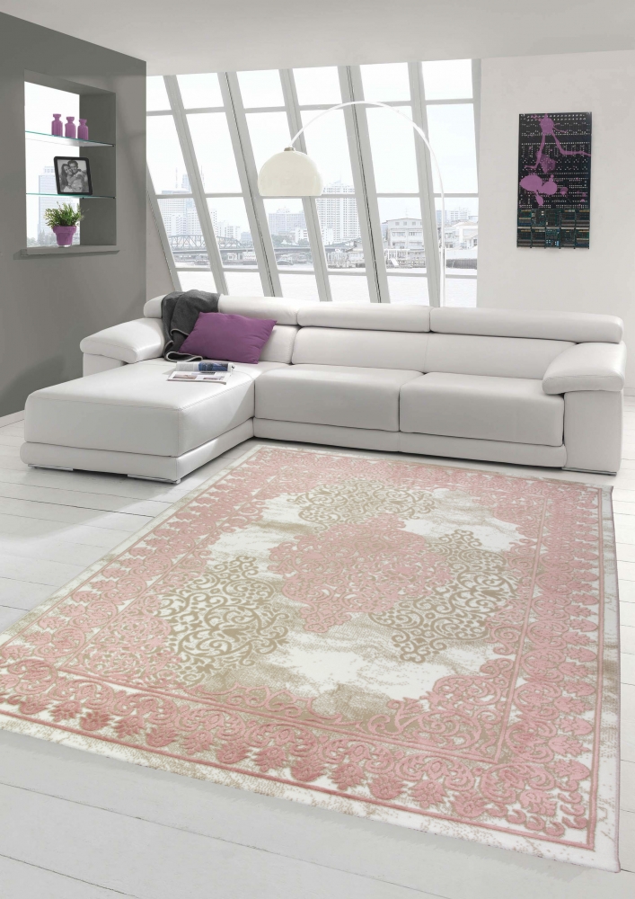 Wohnzimmerteppich mit Ornamenten Teppich Vintage in Rosa Beige Creme