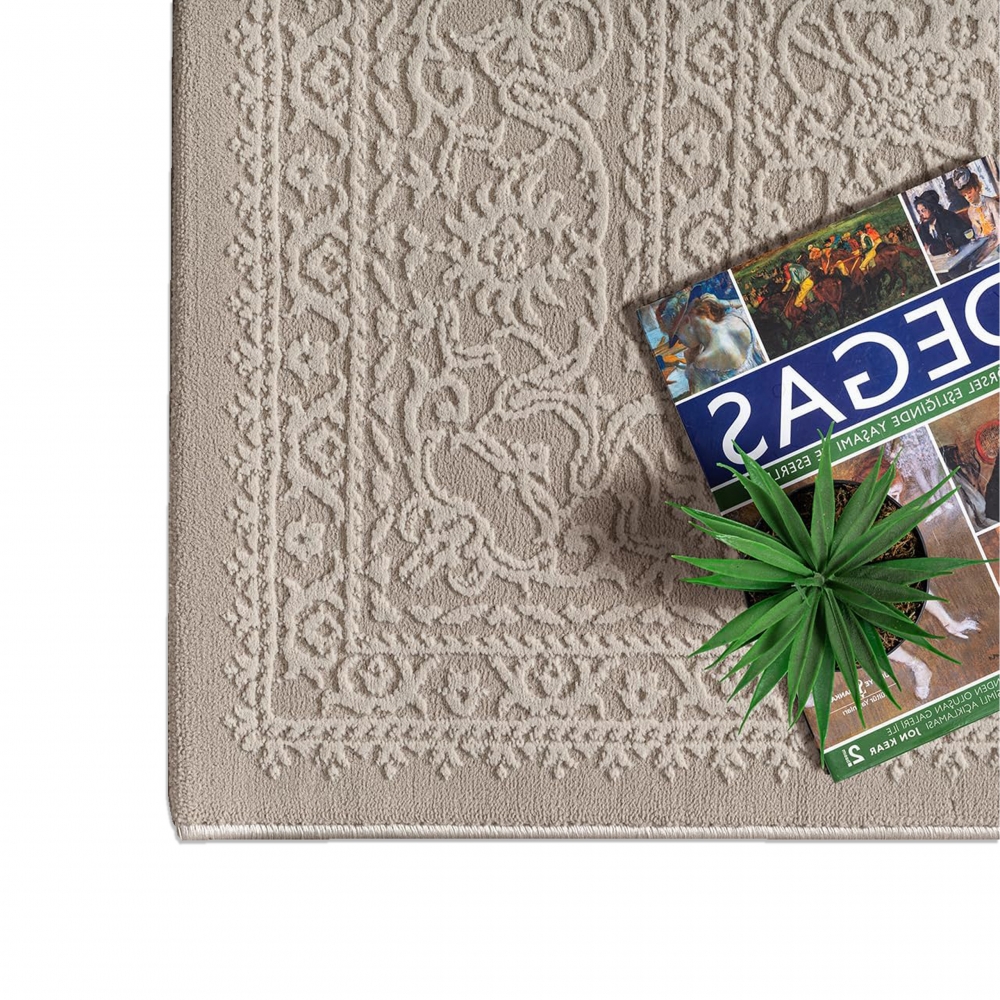 Recycling Teppich Taupe Ornament Design wohnlich Wohnzimmer