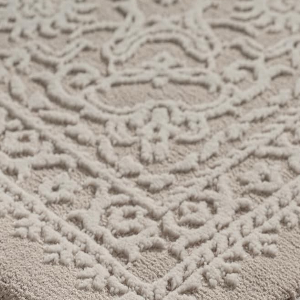 Recycling Teppich Taupe Ornament Design wohnlich Wohnzimmer