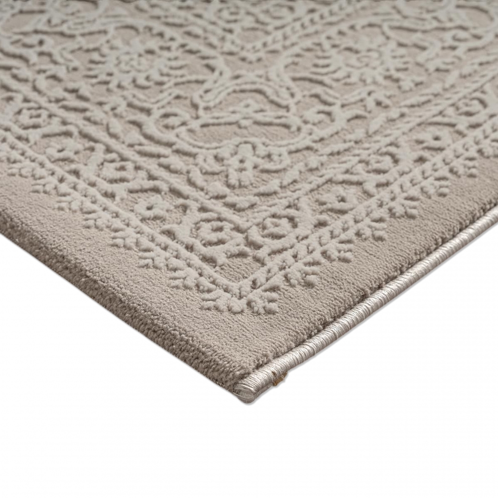 Recycling Teppich Taupe Ornament Design wohnlich Wohnzimmer