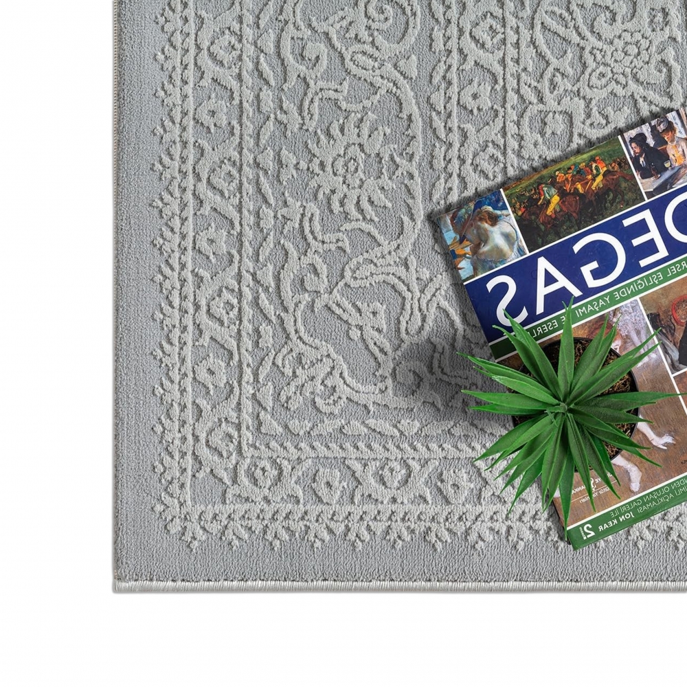 Recycling Teppich Grau Ornament Design wohnlich Wohnzimmer