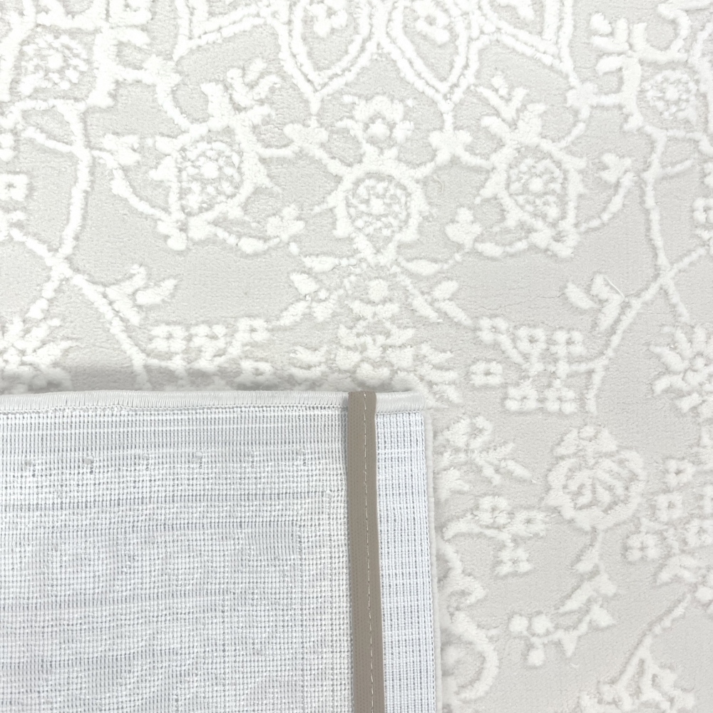 Eleganter Recycel Teppich mit Ornamentmuster zeitloses Design luxuriöse Optik pflegeleicht in Creme