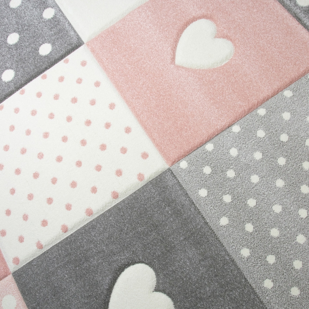 Kinderzimmer Teppich Spiel & Baby Teppich Herz Stern Punkte Design in rosa weiß grau