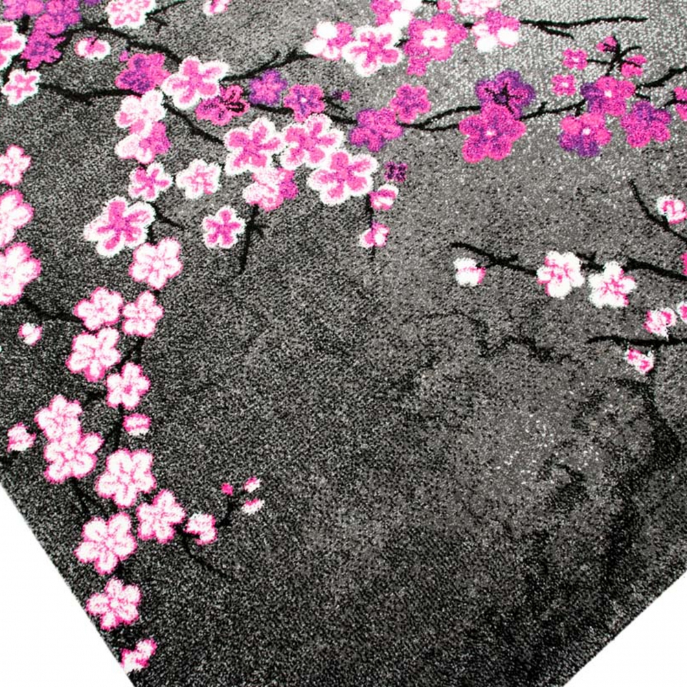 Designer Teppich Moderner Teppich Wohnzimmer Teppich Blumenmuster Grau Lila Pink Weiss Rosa