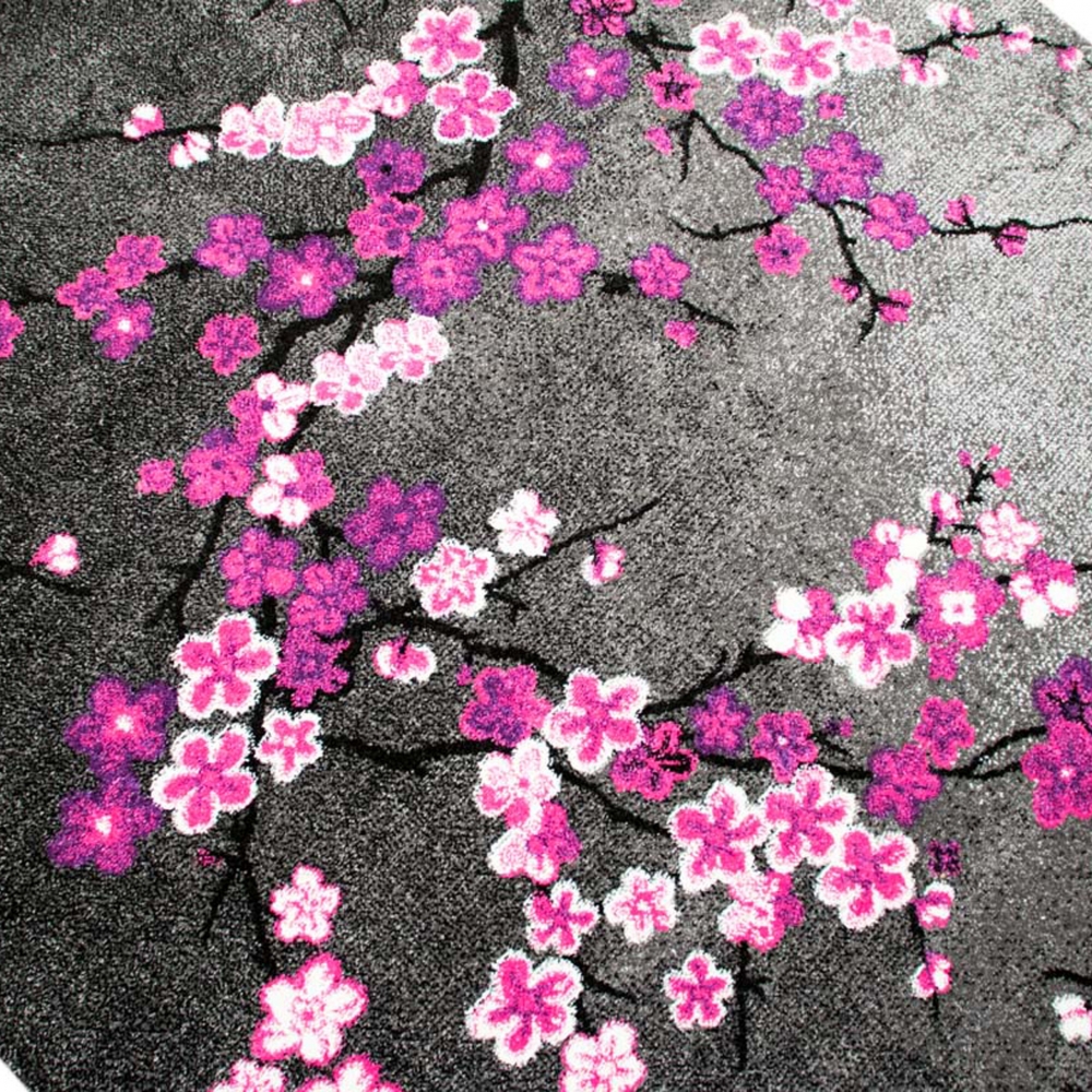 Designer Teppich Moderner Teppich Wohnzimmer Teppich Blumenmuster Grau Lila Pink Weiss Rosa