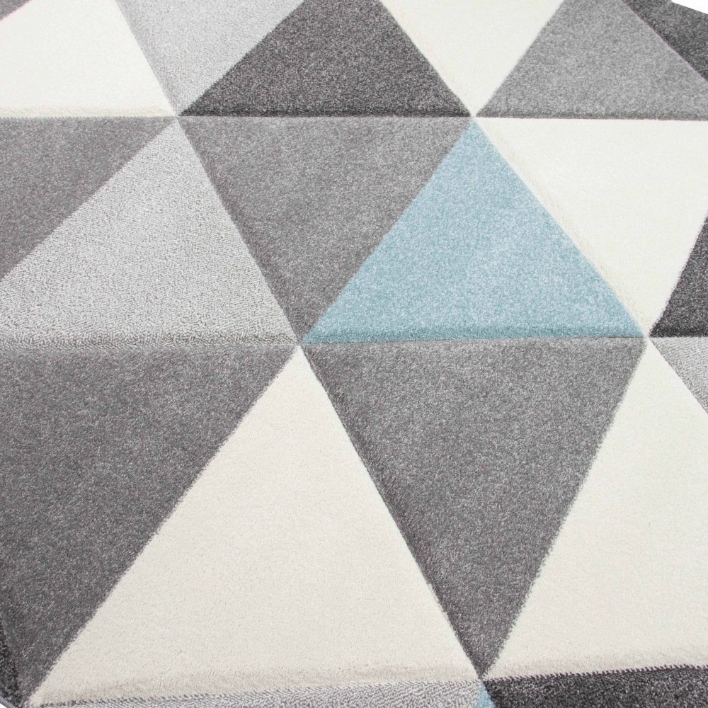 Teppich Wohnzimmer Teppich Design mit Dreieck Muster in Blau Grau Creme