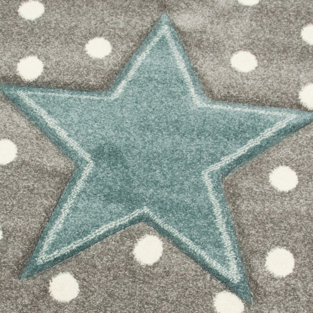 Kinderteppich Kinderzimmerteppich Babyteppich rund Stern in Türkis Grau Weiss