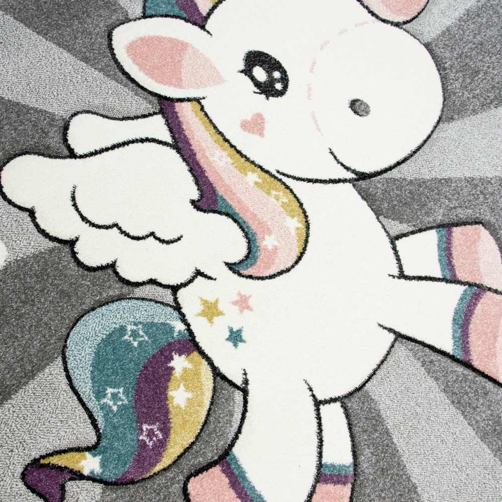 Kinderteppich Spielteppich Babyteppich mit Einhorn Regenbogen in Grau Creme