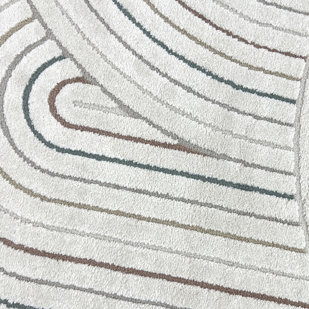 Moderner Teppich mit Bogenmuster in Beige mit bunten Streifen