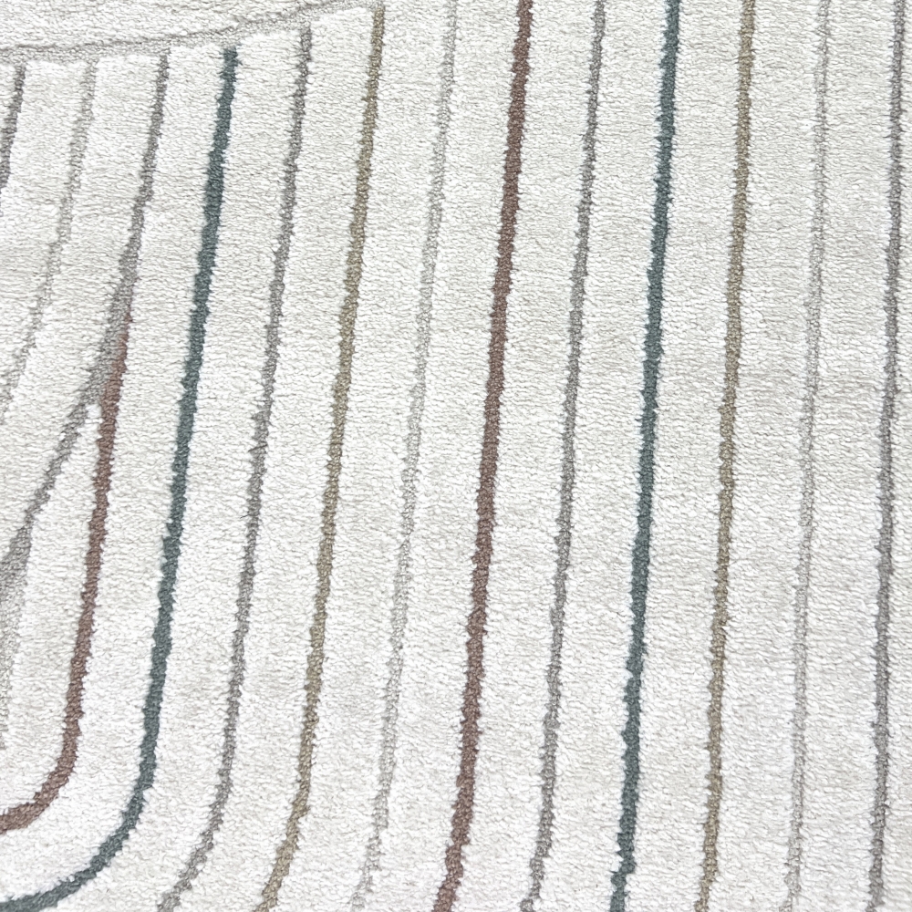 Moderner Teppich mit Bogenmuster in Beige mit bunten Streifen