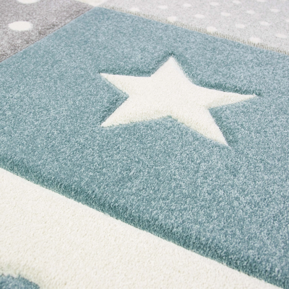 Kinderteppich Junge Teppich Kinderzimmer mit Stern Wolke in Blau Grau Creme