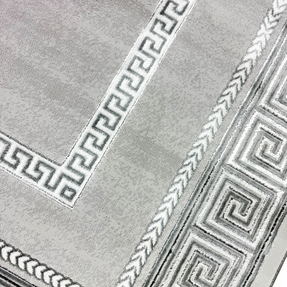 Designer Teppich Moderner Teppich Wohnzimmer Teppich mit Ornament Bordüre   Grau Cream Schwarz