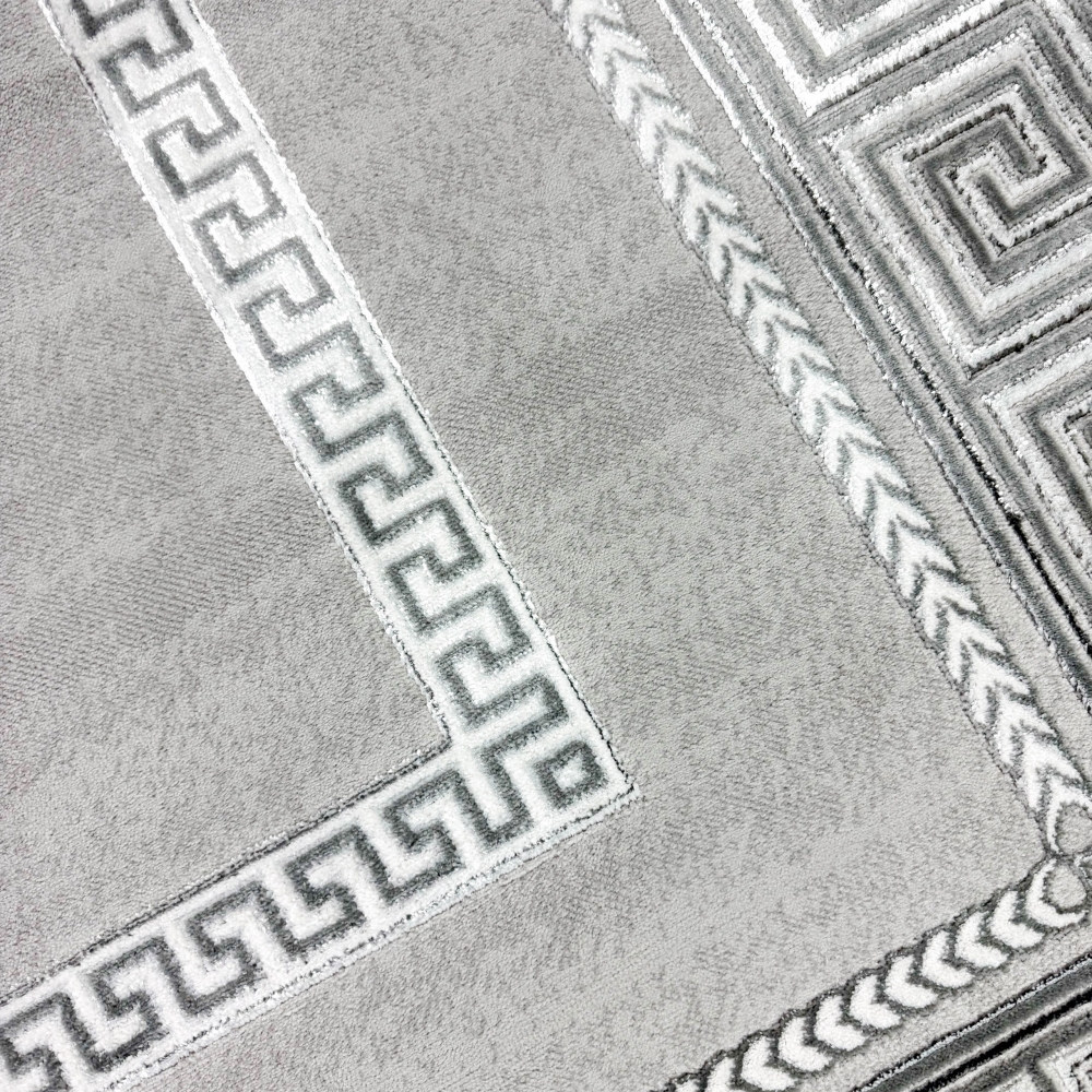 Designer Teppich Moderner Teppich Wohnzimmer Teppich mit Ornament Bordüre   Grau Cream Schwarz