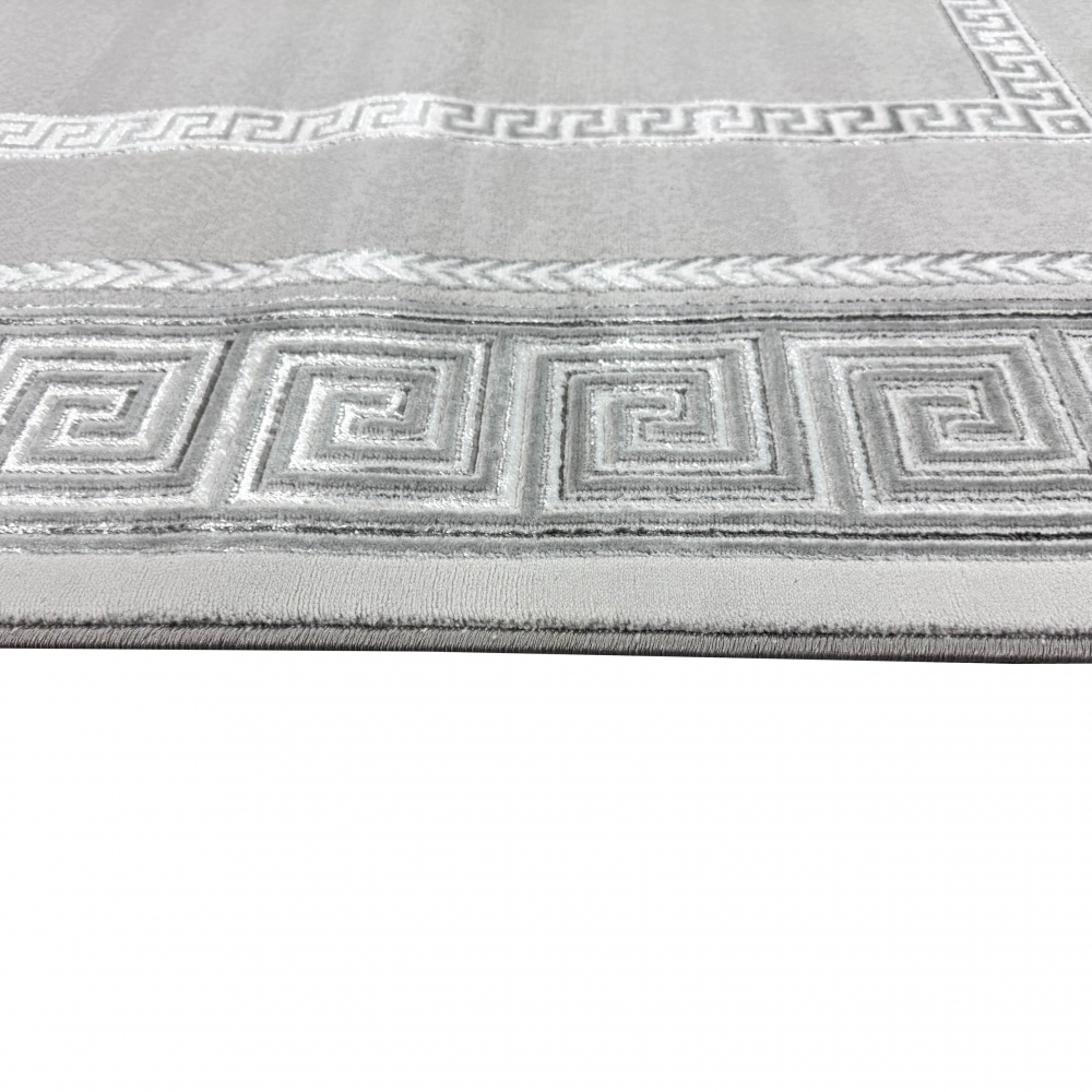 Designer Teppich Moderner Teppich Wohnzimmer Teppich mit Ornament Bordüre   Grau Cream Schwarz