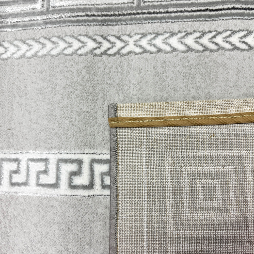 Designer Teppich Moderner Teppich Wohnzimmer Teppich mit Ornament Bordüre   Grau Cream Schwarz