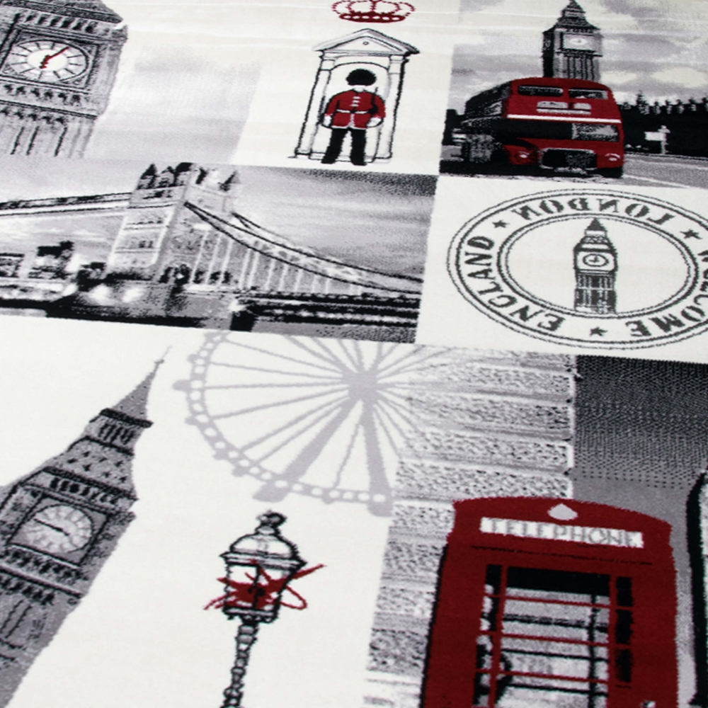 Moderner Teppich London Motiv Creme Grau Rot Schwarz fürs Wohnzimmer
