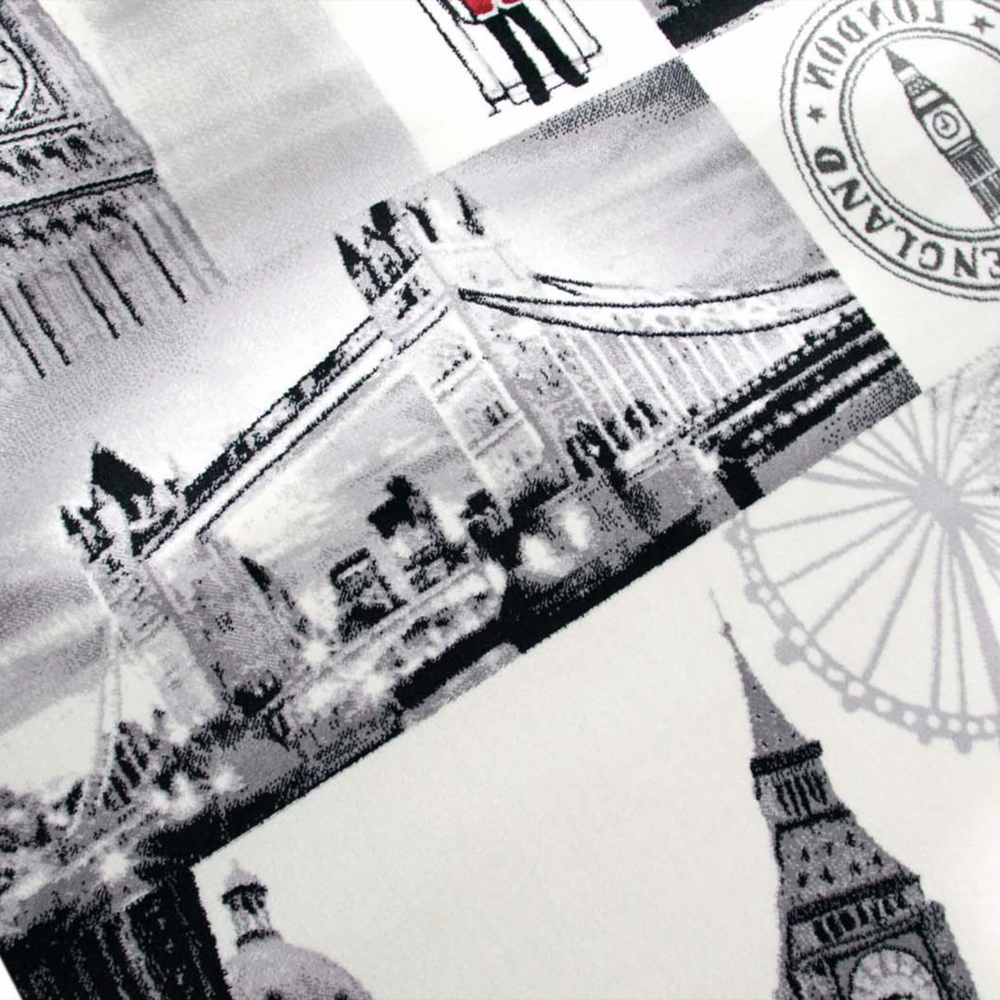 Moderner Teppich London Motiv Creme Grau Rot Schwarz fürs Wohnzimmer