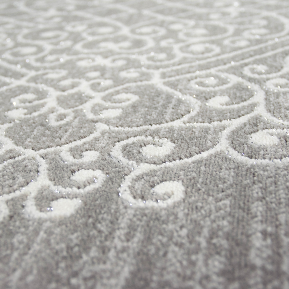 Moderner Teppich Orientteppich Ornamente mit Glitzergarn in Grau Creme