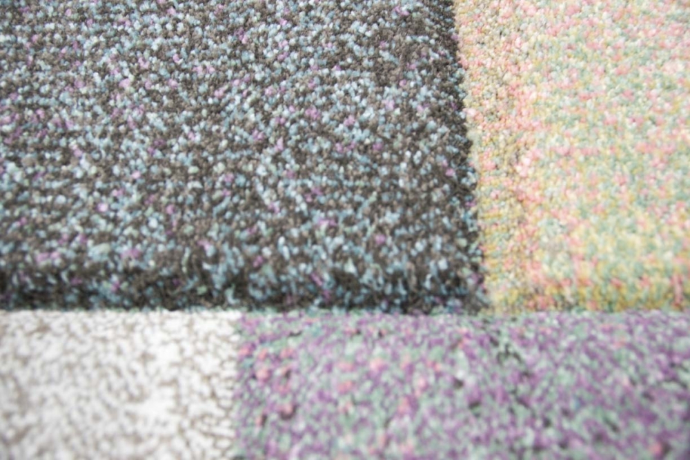 Designer Teppich Moderner Teppich Wohnzimmer Teppich Kurzflor Teppich mit Konturenschnitt Karo Muster mit Pastellfarben Bunt Lila Senfgelb Grau Creme Beige