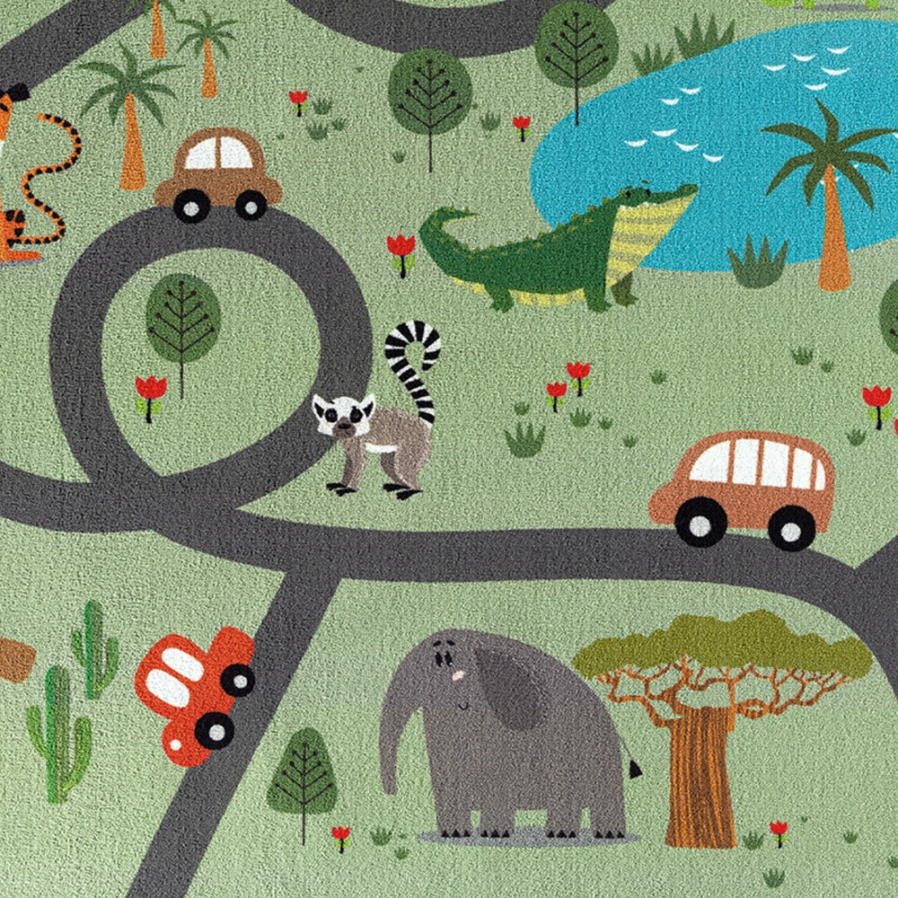 Kinderteppich rutschfest Safari mit Tieren Straßenteppich grün
