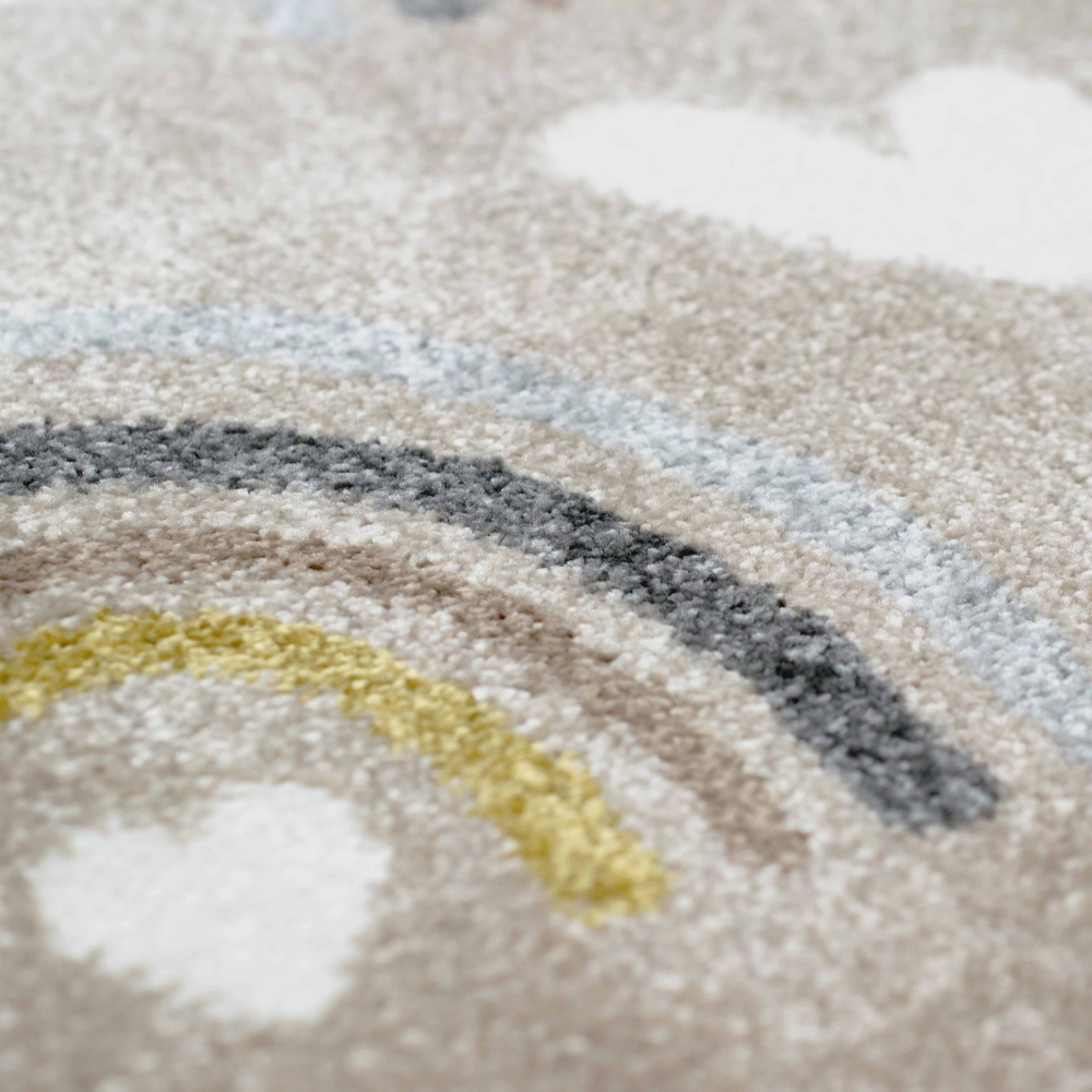 Kinderzimmer Teppich Spielteppich Regenbogen Herzchen Wolken beige grau braun